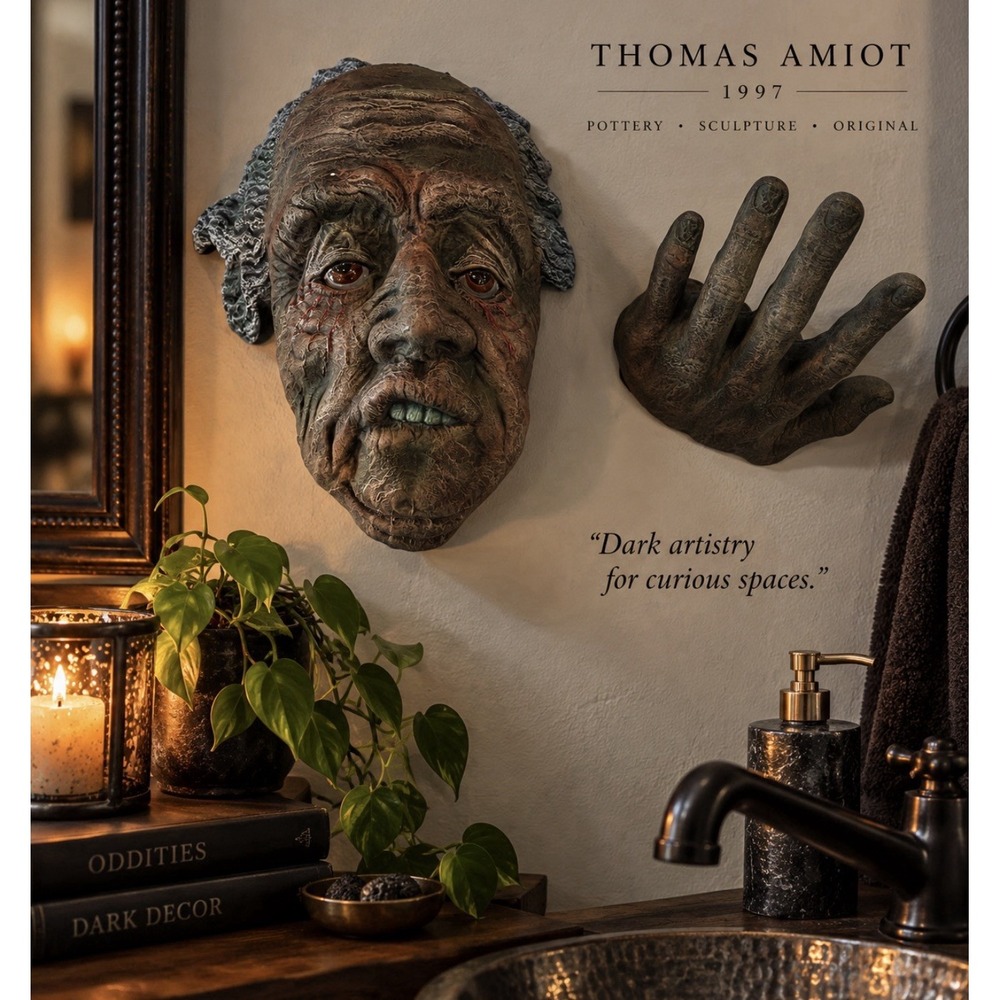 RARE Thomas Amiot 1997 Gothic Horror Pottery Wall Mask Hand Sculpture Signed